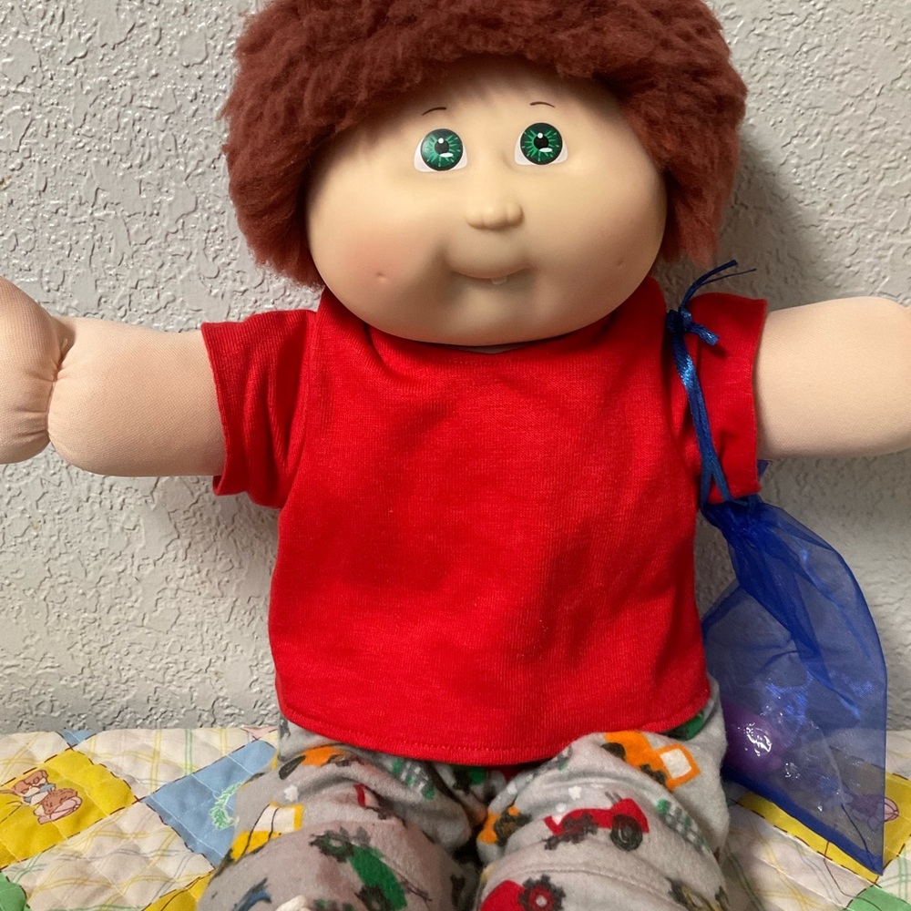 RARE 25th Anniversary Cabbage Patch Kid Boy Auburn Fuzzy Hair Green Eyes HM#5